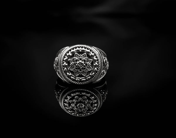 Mandala Ring for Men Flower of Life Jewelry 925 Sterling Silver R-414