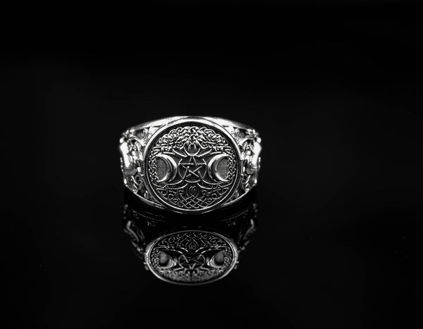 Triple Moon Pentacle Pentagram Ring with Tree of Life Wiccan Pagan Jewelry 925 Sterling Silver R-373