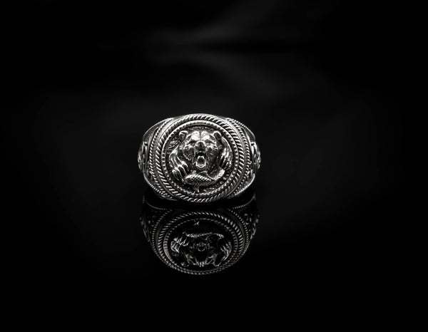 Bear and Fish Ring for Men Animal Jewelry 925 Sterling Silver R-410