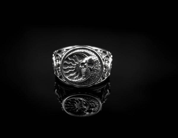 Skull in Crescent Moon and Sun Ring for Men Women Gothic Skull Biker Jewelry 925 Sterling Silver R-363
