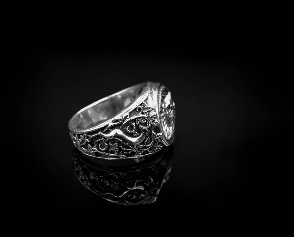 Skull in Crescent Moon and Sun Ring for Men Women Gothic Skull Biker Jewelry 925 Sterling Silver R-363