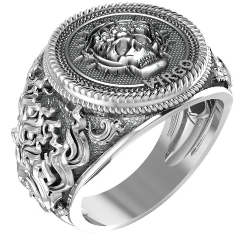 Virgo Zodiac Skull Ring Constellation Horoscope Gothic for Men Women Jewelry 925 Sterling Silver R-352