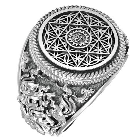 Flower Of Life Ring Pentacle Christian Pentagram for Men Women 925 Sterling Silver R-354