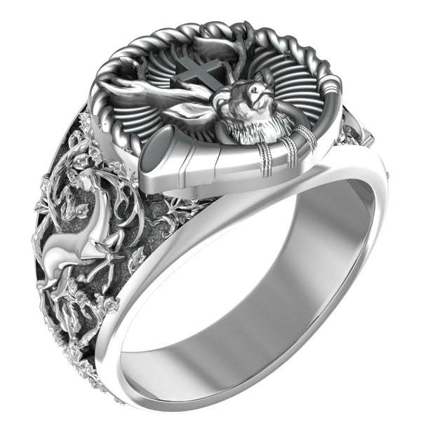 Deer with Cross Ring Christian St. Hubert Medal for Men Women Jewelry 925 Sterling Silver R-359