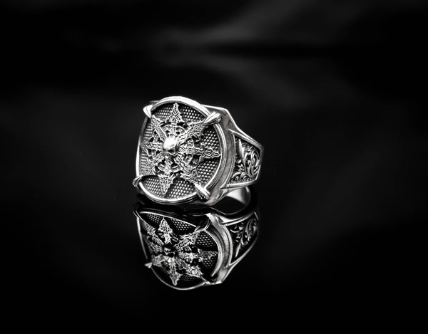 Chaos Star Ring with Skull Mens Biker Gothic Jewelry 925 Sterling Silver R-426