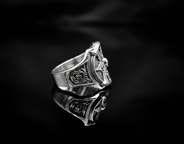 Chaos Star Ring with Skull Mens Biker Gothic Jewelry 925 Sterling Silver R-426