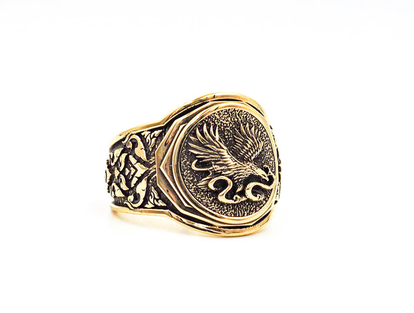 Men's Eagle Fighting Snake Ring, Mens Eagle and Snake Ring Animal Brass Jewelry Size 6-15