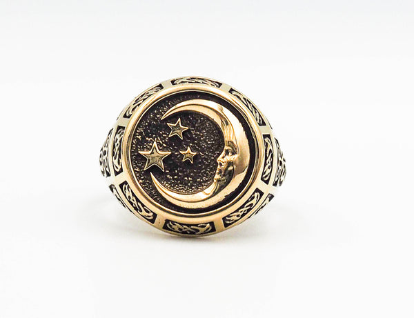 Moon and Stars Ring Celtic Ornament Talisman Boho Men's Women Fashion Brass Jewelry Size 6-15 BR-121
