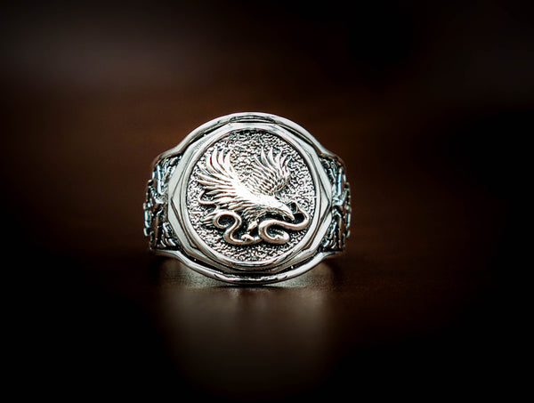 Men's Silver Eagle Fighting Snake Ring, Mens Eagle and Snake Ring Animal Silver Jewelry 925 Sterling Silver Size 6-15