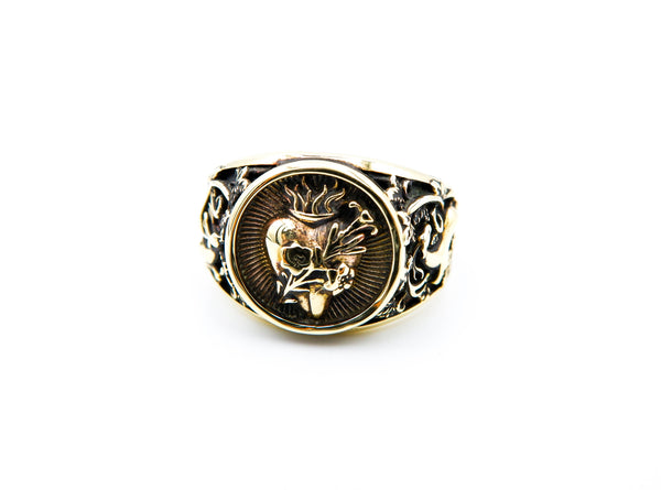 Sacred Heart Ring with Flower for Men Woman Anniversary Brass Jewelry Size 6-15