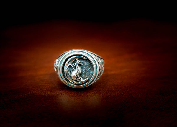 Dragon Ring for Men, Dragon on The Moon Nordic Viking Jewelry 925 Sterling Silver Size 6-15