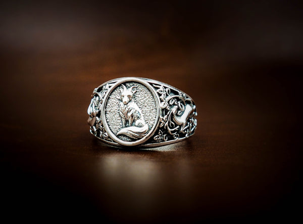 Men's Silver Fox Ring Animal Silver Jewelry 925 Sterling Silver Size 6-15