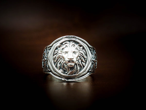 Men's Silver Lion Head Ring, Mens Lion Ring Animal Silver Jewelry 925 Sterling Silver Size 6-15