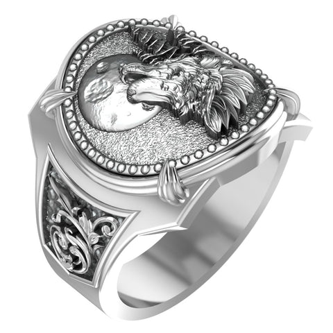 Howling Wolf at Moon Ring for Men Punk Gothic Jewelry 925 Sterling Silver R-407
