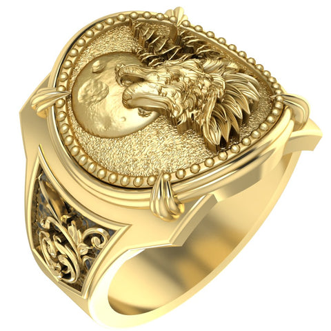 Howling Wolf at Moon Ring for Men Punk Gothic Brass Jewelry Size 6-15 Br-407