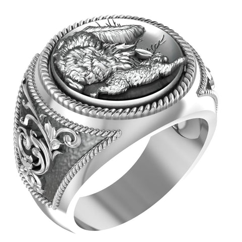 Fox and Here Ring for Men Animal Jewelry 925 Sterling Silver R-409