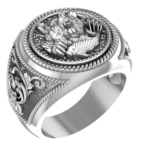 Bear and Fish Ring for Men Animal Jewelry 925 Sterling Silver R-410