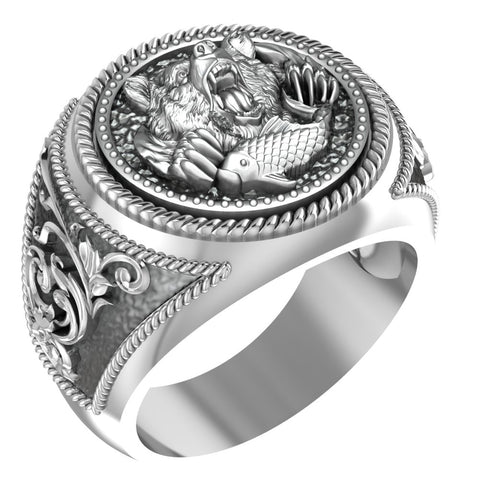 Bear and Fish Ring for Men Animal Jewelry 925 Sterling Silver R-410