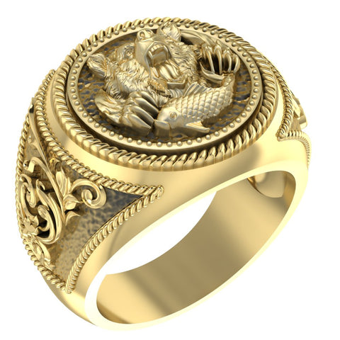 Bear and Fish Ring for Men Animal Brass Jewelry Size 6-15 Br-410