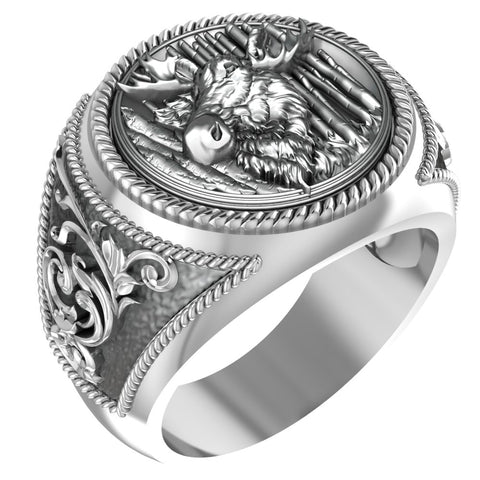 Deer Head Ring for Men Animal Jewelry 925 Sterling Silver R-412