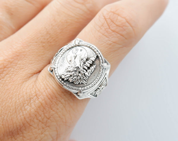 Howling Wolf at Moon Ring for Men Punk Gothic Jewelry 925 Sterling Silver R-407