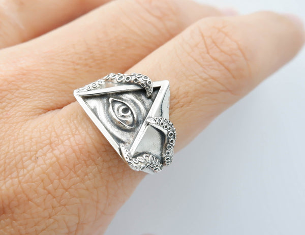 Seeing Eye Ring for Men Illuminati Eye Triangle Masonic Jewelry 925 Sterling Silver R-425