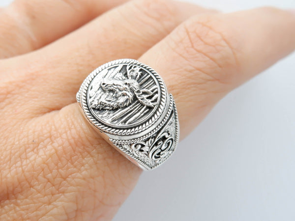 Deer Head Ring for Men Animal Jewelry 925 Sterling Silver R-412