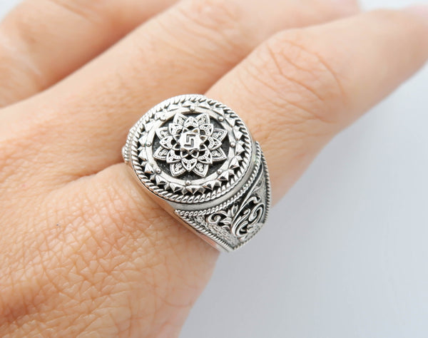 Mandala Ring for Men Flower of Life Jewelry 925 Sterling Silver R-414