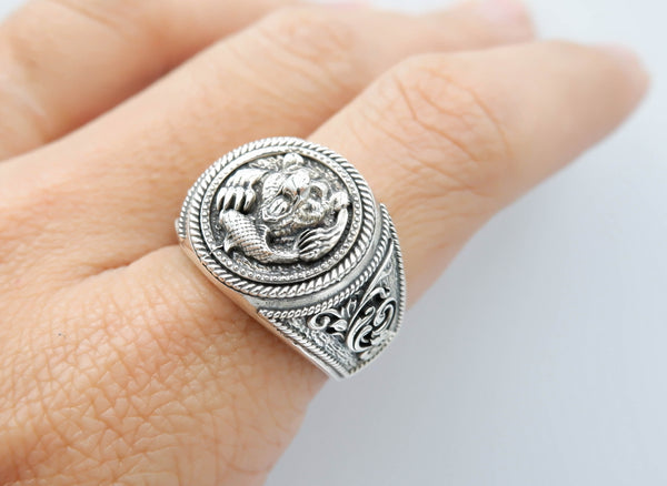 Bear and Fish Ring for Men Animal Jewelry 925 Sterling Silver R-410