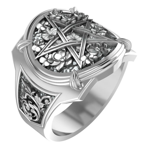Pentagram Pentacle Ring with Flower Amulet Gothic Biker Jewelry 925 Sterling Silver R-422
