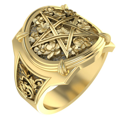 Pentagram Pentacle Ring with Flower Amulet Gothic Biker Brass Jewelry Size 6-15 Br-422