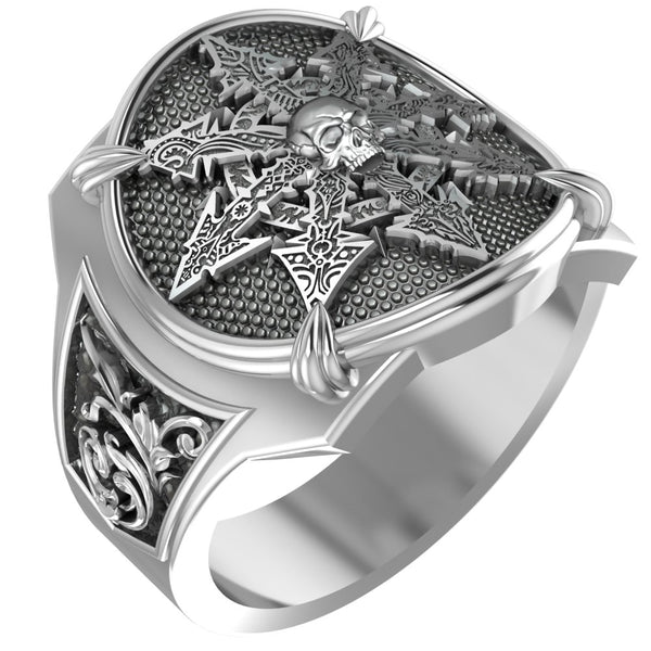 Chaos Star Ring with Skull Mens Biker Gothic Jewelry 925 Sterling Silver R-426