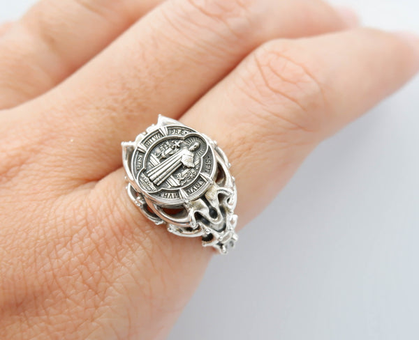 Saint Benedict Ring Women Christian Catholic Cross Jewelry 925 Sterling Silver Size 6-15 R-437