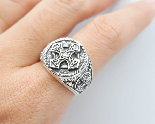 Christian Cross Celtic Knot Biker Ring 925 Sterling Silver R-419