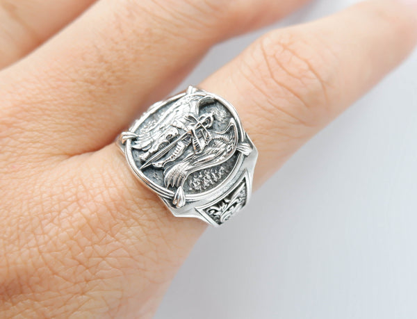 St Michael Ring for Men Archangel Michael Catholic Jewelry 925 Sterling Silver R-411