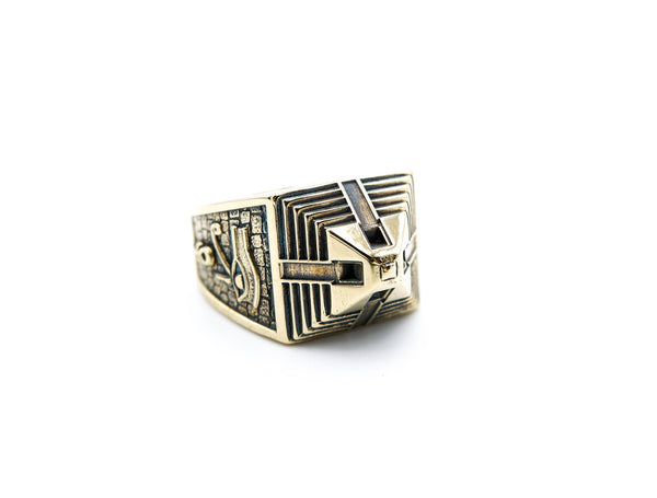 Egypt Pyramid Ring with Eye of Horus and Ankh Cross Brass Jewelry Size 6-15