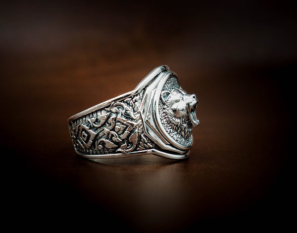 Men's Silver Bear Head Ring, Mens Bear Ring Animal Silver Jewelry 925 Sterling Silver Size 6-15