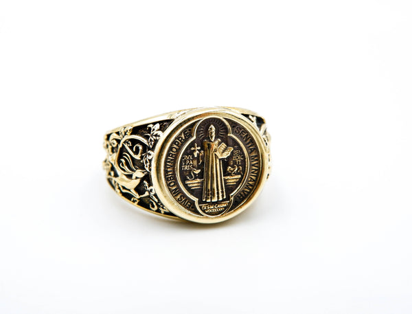 Catholic Signet Saint Benedict Exorcism Ring Brass Jewelry Size 6-15