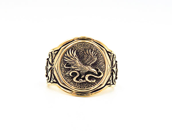 Men's Eagle Fighting Snake Ring, Mens Eagle and Snake Ring Animal Brass Jewelry Size 6-15