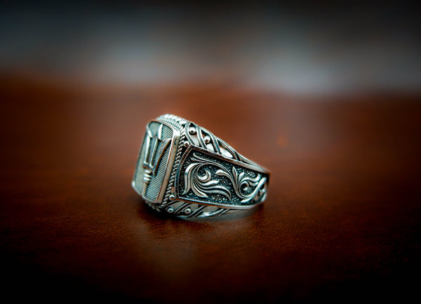 Poseidon Greek God of The Sea Trident Ring Ancient Amulet Jewelry 925 Sterling Silver Size 6-15