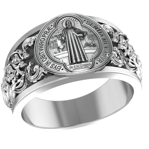 Saint Benedict Band Ring Exorcism Christian Jewelry 925 Sterling Silver Size 6-15 R-502
