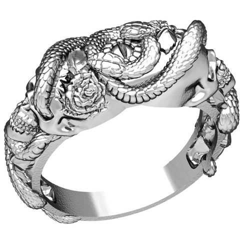 Snake with Skull Ring Gothic Men's Death Punk Jewelry 925 Sterling Silver Size 6-15 R-513