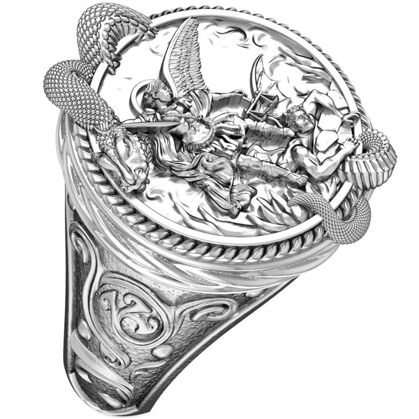 Saint Michael with Snake Ring Defeating Satan Christian Jewelry 925 Sterling Silver R-538