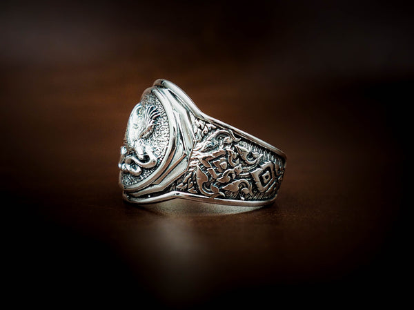 Men's Silver Eagle Fighting Snake Ring, Mens Eagle and Snake Ring Animal Silver Jewelry 925 Sterling Silver Size 6-15