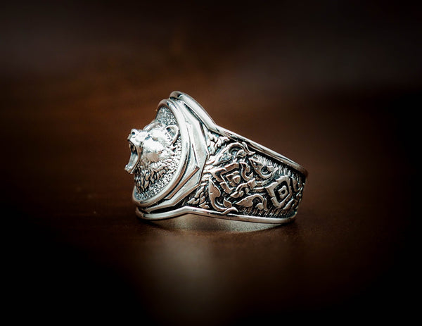 Men's Silver Bear Head Ring, Mens Bear Ring Animal Silver Jewelry 925 Sterling Silver Size 6-15