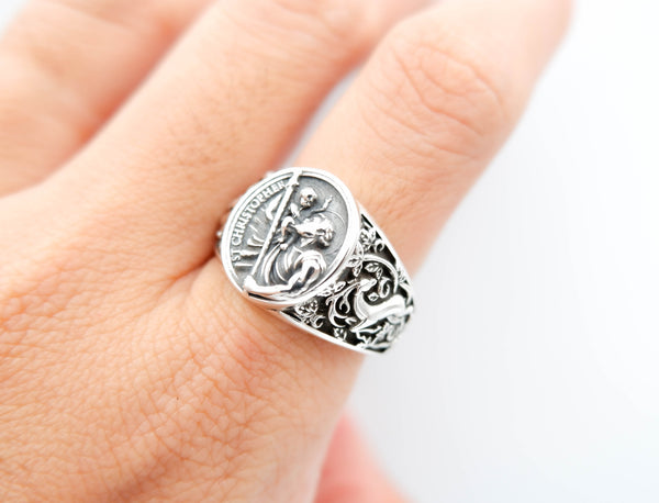 Catholic Signet St Saint Christopher Ring Mens Amulet Jewelry 925 Sterling Silver Size 6-15