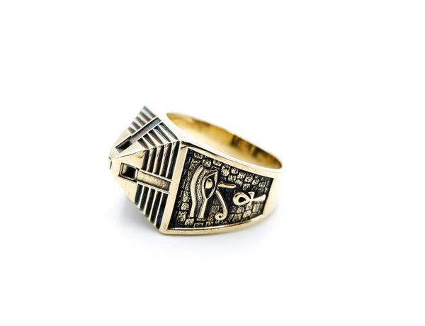 Egypt Pyramid Ring with Eye of Horus and Ankh Cross Brass Jewelry Size 6-15