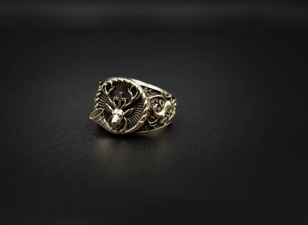 Deer with Cross Ring Christian St. Hubert Medal for Men Women Brass Jewelry Size 6-15 Br-359