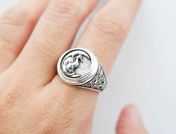 Dragon Ring for Men, Dragon on The Moon Nordic Viking Jewelry 925 Sterling Silver Size 6-15