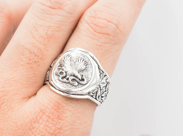 Men's Silver Eagle Fighting Snake Ring, Mens Eagle and Snake Ring Animal Silver Jewelry 925 Sterling Silver Size 6-15